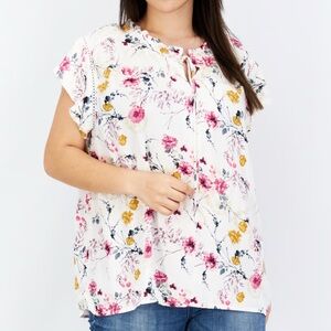 Buffalo David Bitton Cap Sleeve Floral Blouse T-Shirt Front Tie Women's XL